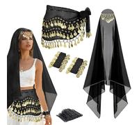 4 Pcs Belly Dance Outfit Sets, Belly Dance Chiffon Hip Scarf & Head Scarf with Gold Coins, 1 Pair Coin Wrist Bracelet, 50 Pcs Bobby Pins, for Women Halloween Rave Costume Accessory, Black, One Size