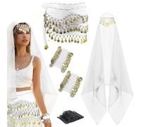 4 Pcs Belly Dance Outfit Sets Belly Dance Chiffon Hip Scarf, Head Scarf with Gold Coins 2 Coin Wrist Bracelet 50 Bobby Pins, White, One Size