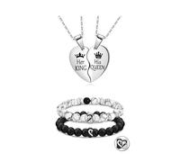4 Pcs BFF Matching Her King His Queen Heart Pendant Necklace Jewelry Set for Couples Y2K Friendship Distance Love Beaded Bracelets Gift