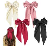 4 Pcs Big Bow Hair Clips Set, Hair Bow with Long Silky Satin, Solid Color Large Bowknot Hairpin, Simple Accessories for Women Girls