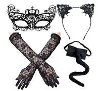 4 Pcs Black Cat Cosplay Costume, Halloween Lace Cat Ears Headband, Cats Tail Choker Necklace Masquerade Masks Sexy Elastic Long Fishnet Gloves for Halloween Catwoman Costume Accessories for Women