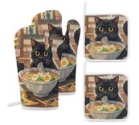 4 Pcs Black Cat Eating Oven Mitt and Pot Holder Set, Heat Resistant Long Oven Gloves & Hot Pads with Hanging Loop for Cooking Baking BBQ, Ideal Kitchen Gift for Cooks Bakers