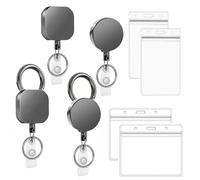 4 PCS Black Metal Retractable Badge Reel with 68cm / 26.8inch Steel Cord & 4 PCS Clear Card Holders Lanyard Reel Carabiner Keychain with Ring Clip Double-Sided Name Tag for Outdoor Use