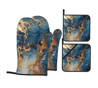 4 Pcs Blue and Gold Marble Oven Mitts and Potholders,Kitchen Oven Glove with Pot Holders,Non-Slip Gloves High Heat Resistant 500 Degree for BBQ, Grill, Baking, Cooking, Oven, Microwave