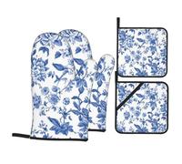 4 Pcs Blue and White Flower Oven Mitts and Potholders,Kitchen Oven Glove with Pot Holders,Non-Slip Gloves High Heat Resistant 500 Degree for BBQ, Grill, Baking, Cooking, Oven, Microwave