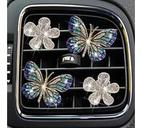 4 Pcs Blue Bling Butterfly Air Vent Clips, Crystal Daisy Car Air Fresheners Vent Clips Car Diffuser Vent Clip Rhinestone Diamond Flower Decoration Interior Decor Bling for Women