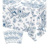 4 Pcs Blue Floral Plastic Tablecloth Vintage Flower Tablecloth Blue and White Floral Table Cloth Wildflower Vintage Rectangle Table Cover Spring Party Decorations Wedding Tea Party Decor 86 x 51 Inch