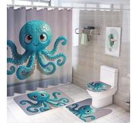4 Pcs Blue Octopus Tentacles Illustration Bathroom Set with Bath Mat, Shower Curtain with 12 Hooks, Anti-Slip U Shape and Toilet Lid Cover for Bathroom Decor