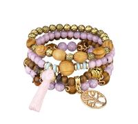 4 Pcs Bohemian Stackable Bracelets for Women Girls Men Set Stretch Multilayer Stack Beads Colorful Beaded Charm Tree of Life Handmade Tassels Jewelry Hippie Bracelets Dainty Best Friend Gift, Small