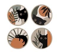 4 Pcs Boho Black Cat Wall Art Decor, Aesthetic Farmhouse Hanging Wooden Wall Art, Unique Bohemian Decor Abstract Moon and Sun Artwork for Bedroom Living Room Nursery Office, Gift for Cat Lovers