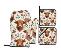 4 Pcs Boho Highland Cows Oven Mitts and Potholders,Kitchen Oven Glove with Pot Holders,Non-Slip Gloves High Heat Resistant 500 Degree for BBQ, Grill, Baking, Cooking, Oven, Microwave