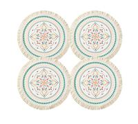4 PCS Boho Round Cotton Placemats for Hot Dishes & Drinks, 14 inch Cotton Woven Placemats Washable, Mandala Pattern Tassel Heat Resistant Table Mats for Dining Table Home Decor Tabletop Protection