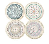 4 PCS Boho Round Cotton Placemats for Hot Dishes & Drinks, 14 inch Cotton Woven Placemats Washable, Mandala Pattern Tassel Heat Resistant Table Mats for Dining Table Home Decor Tabletop Protection