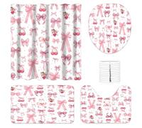 4 Pcs Bow Shower Curtain Set, Butterfly Knot Bathroom Decor Set with Toilet Lid Cover, Non-Slip Rugs, Absorbent Pads and Waterproof Bathroom Curtains with 12 Hooks for Women(Pink Fruit Bow)