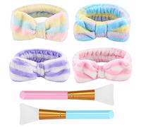 4 Pcs Bowknot Headbands, Makeup Spa Headbands, Coral Fleece Hair Bands, Coral Fleece Elastic Head Bands for Beauty Skincare Shower Mask Face Washing Woman Girls Headbands, with Silicone Brushes