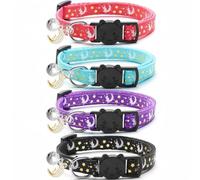 4 PCS Breakaway Cat Collars, Cute Kitten Collar Adjustable with Bell, Glow in The Dark Star & Moon Design, Durable Pet Collar for Kitty, Puppy & Small Pets (18-30 cm)