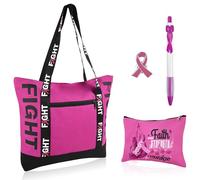 4 Pcs Breast Cancer Gifts Set - Travel Tote Bag, Cosmetic Pouch, Inspirational Pin & Pen, Pink Ribbon Chemo Care Package Cancer Awareness Accessories for Women Support & Encouragement, Rose Red