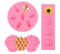 4 Pcs Bumble Bee Silicone Mold Non-Stick Beehive Baking Mold Honeycomb Sunflower Fondant Molds Mousse Chocolate Cupcake Molds for Party Wedding DIY Candy Jelly Ice Cube Mini Cakes Decoration