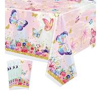 4 PCS Butterfly Birthday Tablecloth Decorations - Butterflys Plastic Table Cover, Rectangular Watercolor Butterfly Tablecloth for Girl Baby Shower, Spring Themed Party Supplies, 51 x 86.6 Inch