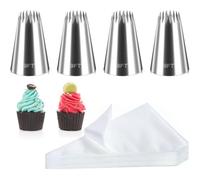 4 Pcs Cake Piping Tips, 9FT Frosting Tips Stainless Steel Cakes Decorating Tip Set with 10Pcs Disposable Bags Large Piping Nozzles Baking Tools for Buttercream Icing Birthday Cake Cupcake DIY