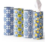 4 Pcs Capri Lemon Round Tissues Box Car Holder Set - Blue & White Mediterranean Lemon Travel Tubes for Car with 50 Sheets Cylinder Face Towel Containers | 2.7" x 7.1" Cup Holder Fit, 4 Unique Designs