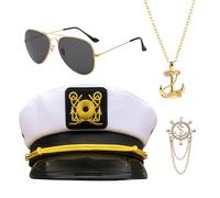 4 Pcs Captain Sailor Hats Set Adjustable Adult Yacht Hat Boat Cap with Aviator Sunglasses Anchor Necklace Brooch Sea Cap Navy Sail Hats White Marine for Halloween Costume Bachelor Party Accessories