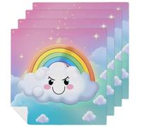 4 PCS Cartoon Smiling Cloud Rainbow Cloth Napkins 18.7"x18.7"- Single-Sided Print, Soft & Reusable Napkins for Elegant Dining, Wedding, Party, Restaurant Decor