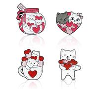 4 Pcs Cat Brooch Couple Pins Gift,White Cat with Love Heart Enamel Backpack Lapel Pins Cartoon Animal Kitty Badges Valentine Brooch Pin for Engagement Anniversary Date Boy Girl T-Shirt Bags Hat Decor