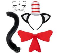 4 Pcs Cat Costume Accessories Set - Includes Cat Ears Headband with Stovepipe Hat, Red Bow Tie, Black Tail & Face Sticker- Perfect for Classroom Reading W ook Character Day