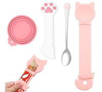4 Pcs Cat Food Lid and Spoon Set, Silicone Pet Food Can Covers with Multi-Function Spoon Opener, Stainless Steel Wet Food Spoon & Cat Bar Squeezer for Pet Cat Dog Feeding Wet Foods Storage Organizer