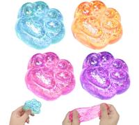4 PCS Cat Paw Squishy Glitter Sugar Fidget Toys for Calming Anxiety and Improving Focus for Desk or Classroom, Sensory Stress Relief for Kids, Birthday Gifts, Stocking Fillers (Random Colours)