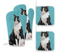 4 Pcs Cat Sit Down Oven Mitt and Pot Holder Set, Heat Resistant Long Oven Gloves & Hot Pads with Hanging Loop for Cooking Baking BBQ, Ideal Kitchen Gift for Cooks Bakers