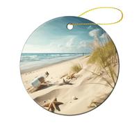 4 Pcs Ceramic Christmas Ornaments 2.8 Inch - Beach Seaside Double Sided Round Holiday Tree Hanging Decor for Home, Party, Hotel Decorations, Gift for Teacher, Neighbor, Friend