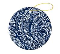 4 Pcs Ceramic Christmas Ornaments 2.8 Inch - Blue Polynesian Maori Tribal Pattern Double Sided Round Holiday Tree Hanging Decor for Home, Party, Hotel Decorations, Gift for Teacher, Neighbor, Friend