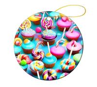 4 Pcs Ceramic Christmas Ornaments 2.8 Inch - Colorful Sweet Lollipop Cupcake Donut Double Sided Round Holiday Tree Hanging Decor for Home, Party, Hotel Decorations, Gift for Teacher, Neighbor, Friend