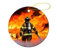 4 Pcs Ceramic Christmas Ornaments 2.8 Inch - Firefighter Fireman Flame Double Sided Round Holiday Tree Hanging Decor for Home, Party, Hotel Decorations, Gift for Teacher, Neighbor, Friend