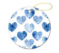 4 Pcs Ceramic Christmas Ornaments 2.8 Inch - Hand Drawn Blue Heart Double Sided Round Holiday Tree Hanging Decor for Home, Party, Hotel Decorations, Gift for Teacher, Neighbor, Friend