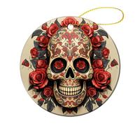 4 Pcs Ceramic Christmas Ornaments 2.8 Inch - Red Rose Sugar Skull Double Sided Round Holiday Tree Hanging Decor for Home, Party, Hotel Decorations, Gift for Teacher, Neighbor, Friend