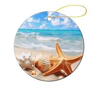 4 Pcs Ceramic Christmas Ornaments 2.8 Inch - Starfish Seashell Ocean Beach Double Sided Round Holiday Tree Hanging Decor for Home, Party, Hotel Decorations, Gift for Teacher, Neighbor, Friend