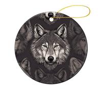 4 Pcs Ceramic Christmas Ornaments 2.8 Inch - Wolf Head Pattern Double Sided Round Holiday Tree Hanging Decor for Home, Party, Hotel Decorations, Gift for Teacher, Neighbor, Friend