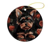 4 Pcs Ceramic Christmas Ornaments 2.8 Inch - Yorkie Puppy Double Sided Round Holiday Tree Hanging Decor for Home, Party, Hotel Decorations, Gift for Teacher, Neighbor, Friend