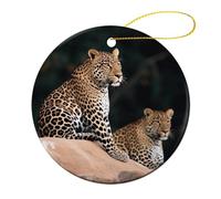 4 Pcs Ceramic Christmas Ornaments - African Leopard on Rock Round Porcelain Hanging Decor with Double-Sided Printing, Christmas Tree Ornament for Holiday Keepsake Gifts (2.8 Inch)