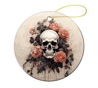 4 Pcs Ceramic Christmas Ornaments - Ancient Skull and Flowers Round Porcelain Hanging Decor with Double-Sided Printing, Christmas Tree Ornament for Holiday Keepsake Gifts (2.8 Inch)