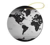 4 Pcs Ceramic Christmas Ornaments - Black and White World Map Round Double Sided Porcelain Hanging Decor for Xmas Tree, Holiday Home Decor and Gift Party Decorations (2.8 Inch)