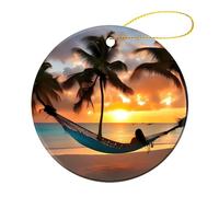 4 Pcs Ceramic Christmas Ornaments - Coconut Beach Sunset Hammock Round Double Sided Porcelain Hanging Decor for Xmas Tree, Holiday Home Decor and Gift Party Decorations (2.8 Inch)