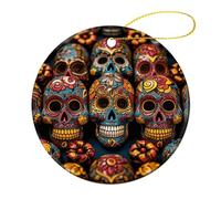 4 Pcs Ceramic Christmas Ornaments - Colorful Sugar Skulls Round Porcelain Hanging Decor with Double-Sided Printing, Christmas Tree Ornament for Holiday Keepsake Gifts (2.8 Inch)