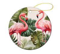 4 Pcs Ceramic Christmas Ornaments - Flamingo Palm Trees Leaf Round Double Sided Porcelain Hanging Decor for Xmas Tree, Holiday Home Decor and Gift Party Decorations (2.8 Inch)