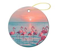 4 Pcs Ceramic Christmas Ornaments - Flamingos at Dusk Round Porcelain Hanging Decor with Double-Sided Printing, Christmas Tree Ornament for Holiday Keepsake Gifts (2.8 Inch)
