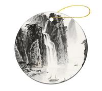 4 Pcs Ceramic Christmas Ornaments - Ink Painting Landscape Round Double Sided Porcelain Hanging Decor for Xmas Tree, Holiday Home Decor and Gift Party Decorations (2.8 Inch)