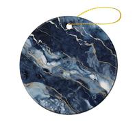 4 Pcs Ceramic Christmas Ornaments - Marble Navy Blue Mixed Round Porcelain Hanging Decor with Double-Sided Printing, Christmas Tree Ornament for Holiday Keepsake Gifts (2.8 Inch)